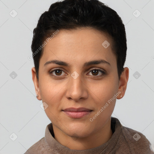 Joyful white young-adult female with short  brown hair and brown eyes