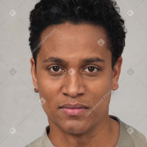 Neutral black young-adult male with short  black hair and brown eyes