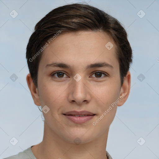 Joyful white young-adult female with short  brown hair and brown eyes