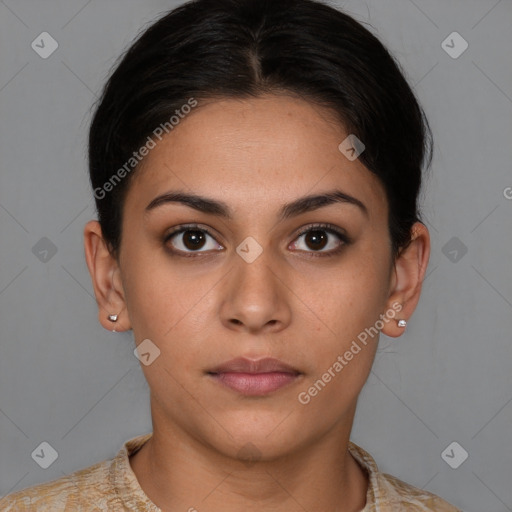 Neutral white young-adult female with short  brown hair and brown eyes