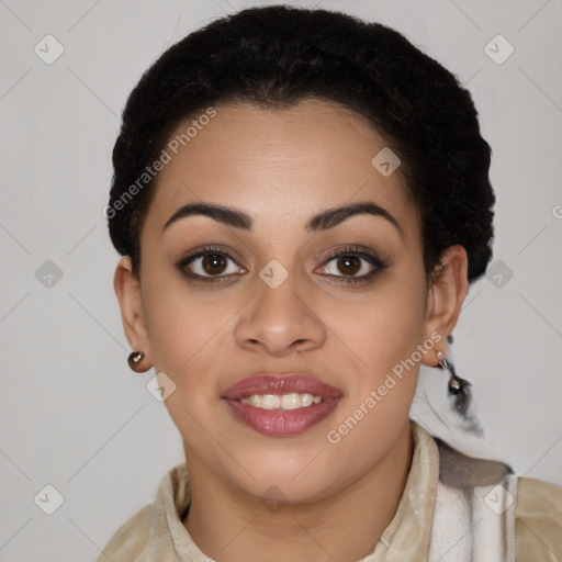 Joyful latino young-adult female with short  brown hair and brown eyes