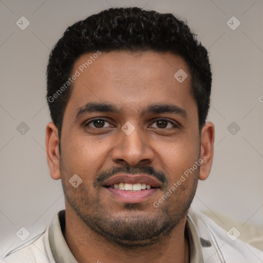 Joyful latino young-adult male with short  black hair and brown eyes