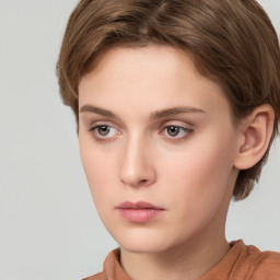 Neutral white young-adult female with short  brown hair and brown eyes