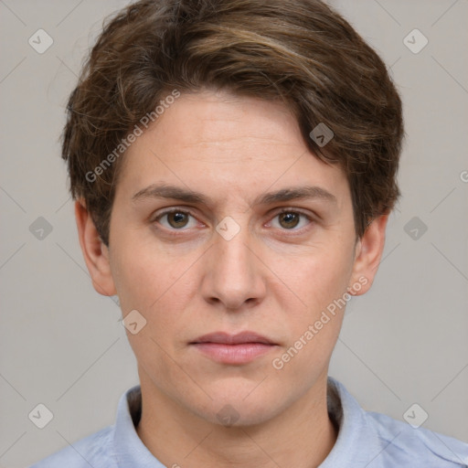 Neutral white young-adult male with short  brown hair and grey eyes