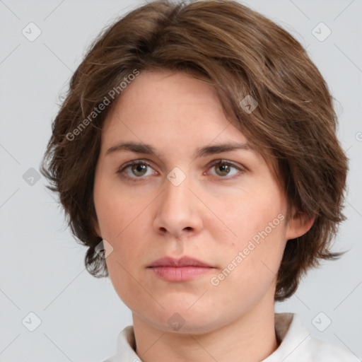 Neutral white young-adult female with medium  brown hair and brown eyes