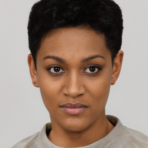 Neutral latino young-adult female with short  black hair and brown eyes