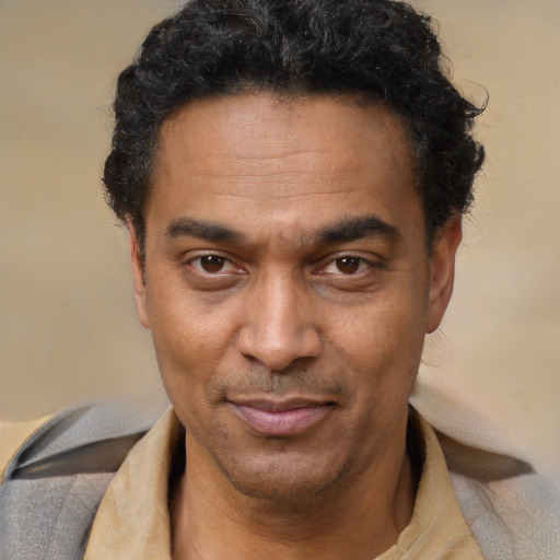 Joyful latino adult male with short  black hair and brown eyes