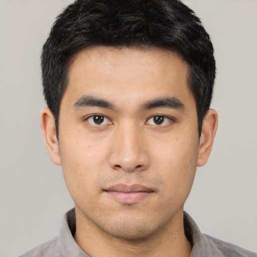 Neutral asian young-adult male with short  black hair and brown eyes
