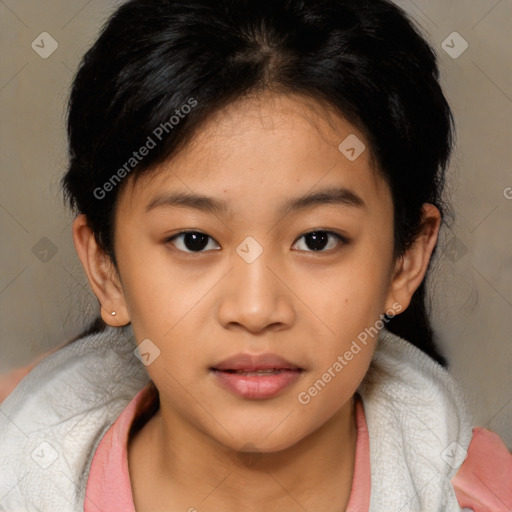 Joyful asian child female with medium  brown hair and brown eyes