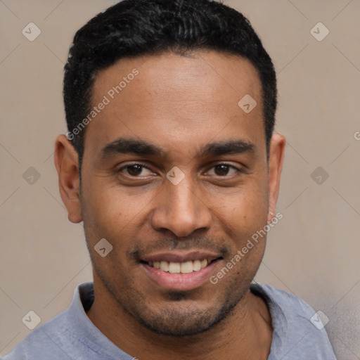 Joyful latino young-adult male with short  brown hair and brown eyes