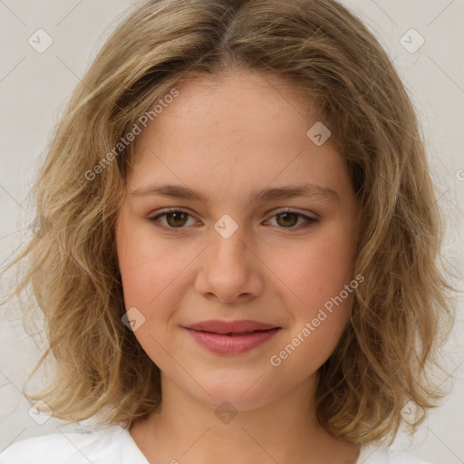 Joyful white child female with medium  brown hair and brown eyes