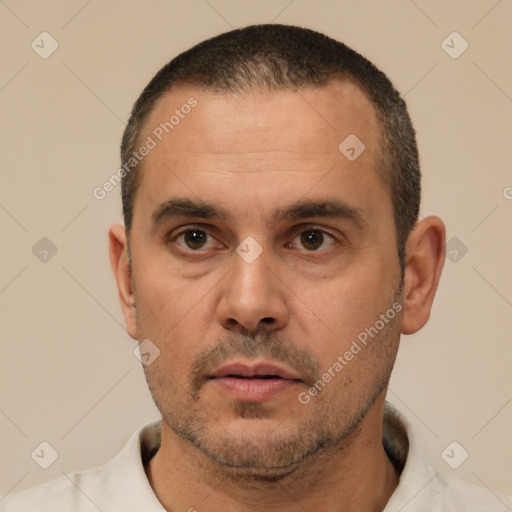 Neutral white adult male with short  black hair and brown eyes