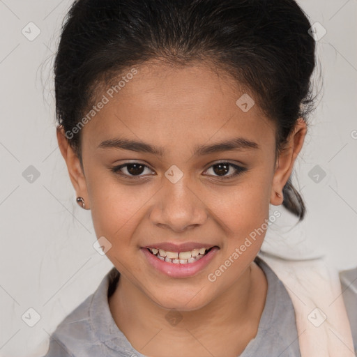 Joyful white child female with medium  brown hair and brown eyes