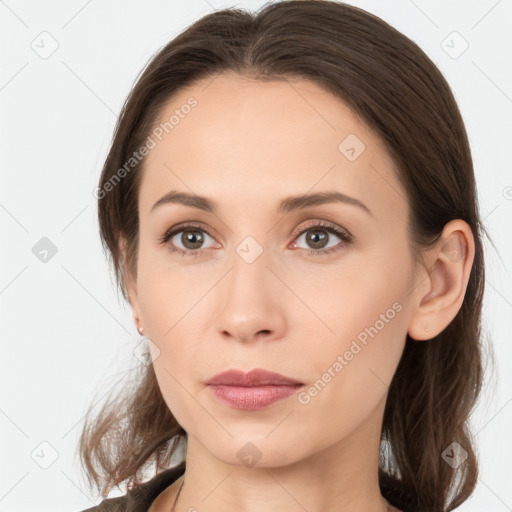 Neutral white young-adult female with medium  brown hair and brown eyes