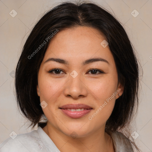 Joyful asian young-adult female with medium  brown hair and brown eyes