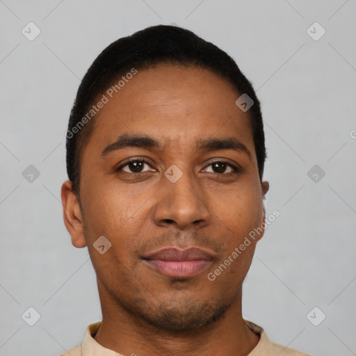 Neutral latino young-adult male with short  black hair and brown eyes