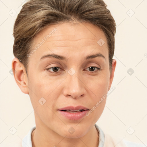 Joyful white adult female with short  brown hair and brown eyes