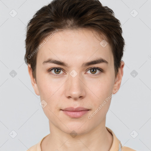 Neutral white young-adult female with short  brown hair and brown eyes