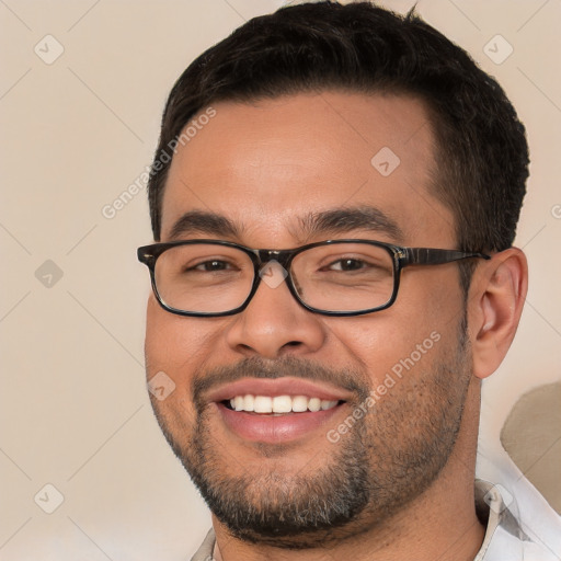 Joyful white young-adult male with short  brown hair and brown eyes