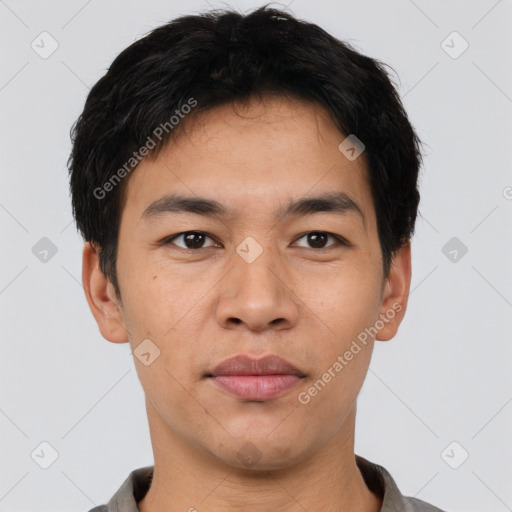 Neutral asian young-adult male with short  black hair and brown eyes