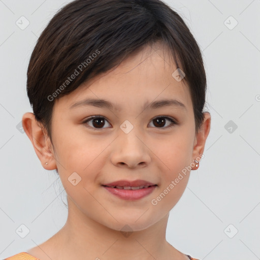 Joyful white child female with short  brown hair and brown eyes
