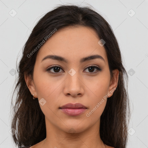 Neutral latino young-adult female with medium  brown hair and brown eyes