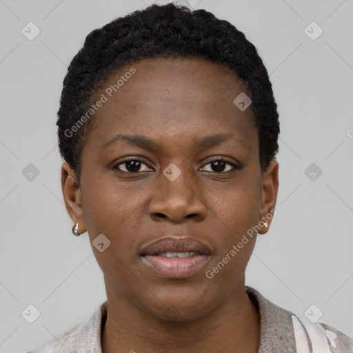 Neutral black young-adult female with short  black hair and brown eyes