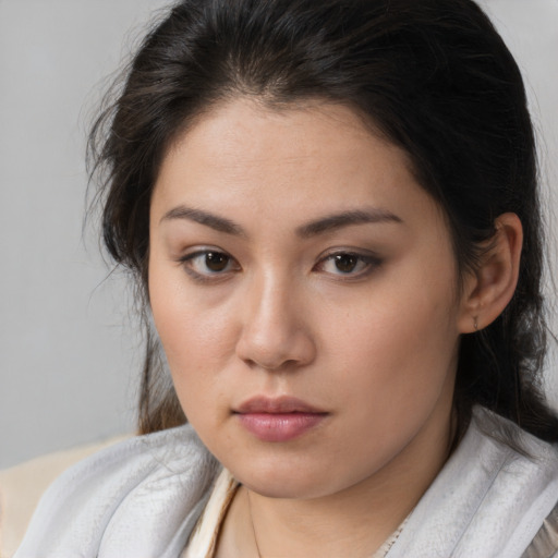 Neutral white young-adult female with medium  brown hair and brown eyes
