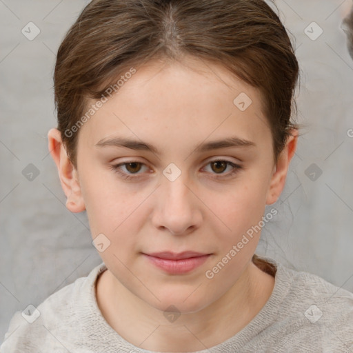 Joyful white child female with short  brown hair and brown eyes