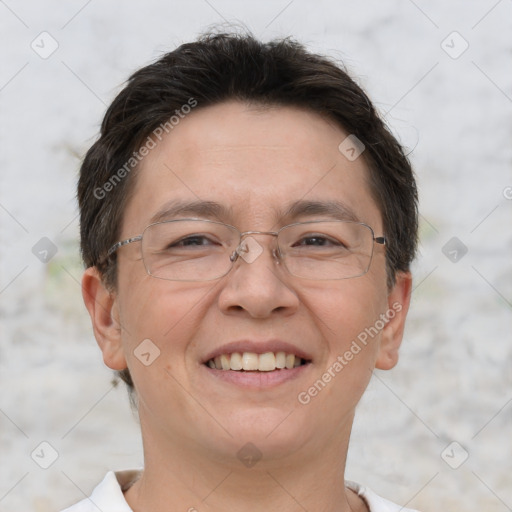 Joyful white adult female with short  brown hair and brown eyes