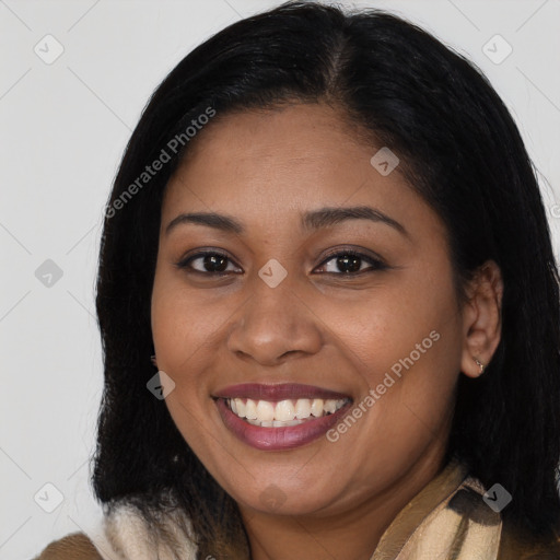 Joyful latino young-adult female with medium  black hair and brown eyes