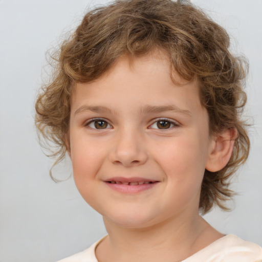 Joyful white child female with medium  brown hair and brown eyes