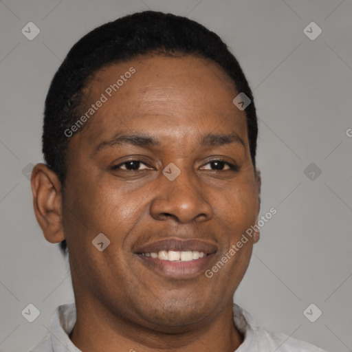 Joyful latino young-adult male with short  brown hair and brown eyes