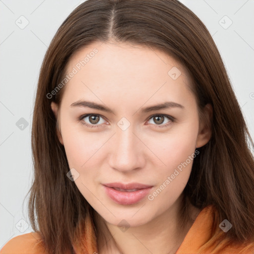 Neutral white young-adult female with long  brown hair and brown eyes