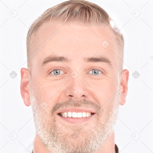 Joyful white adult male with short  brown hair and grey eyes