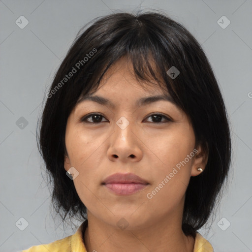 Neutral asian young-adult female with medium  brown hair and brown eyes