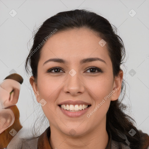 Joyful latino young-adult female with medium  brown hair and brown eyes