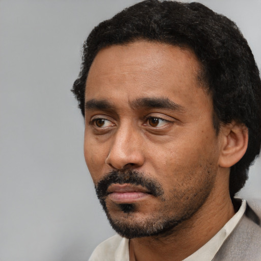 Neutral black adult male with short  black hair and brown eyes