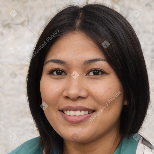 Joyful white young-adult female with medium  brown hair and brown eyes