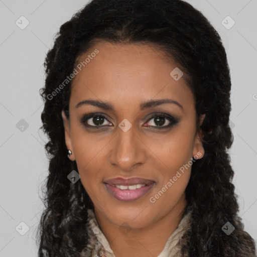 Joyful black young-adult female with long  brown hair and brown eyes