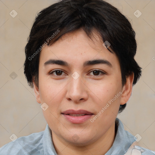 Joyful asian young-adult female with medium  brown hair and brown eyes