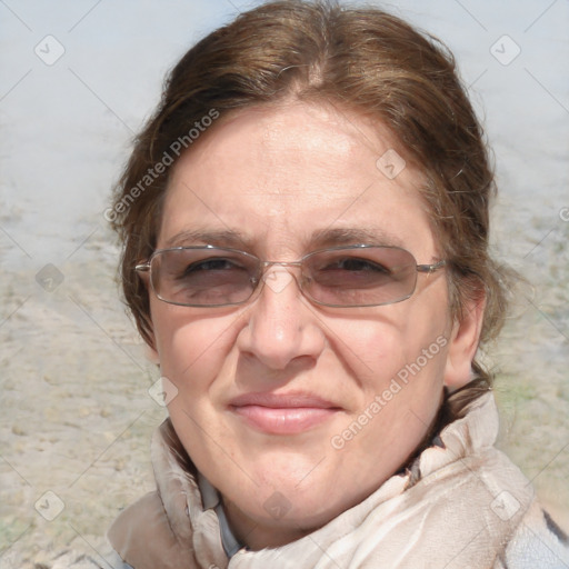 Joyful white adult female with medium  brown hair and blue eyes