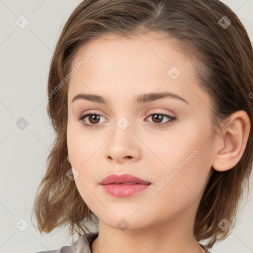 Neutral white young-adult female with medium  brown hair and brown eyes