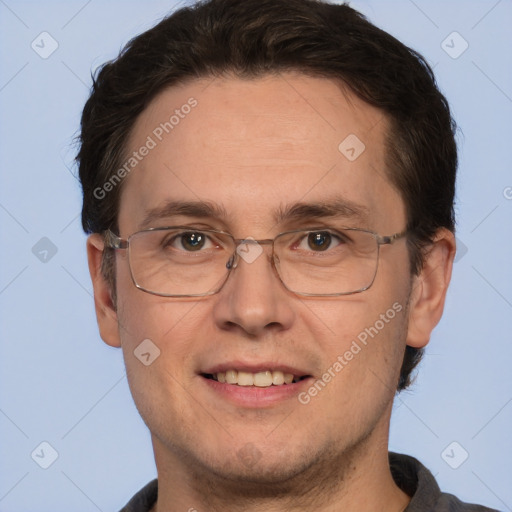 Joyful white adult male with short  brown hair and brown eyes