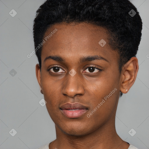 Neutral black young-adult male with short  black hair and brown eyes