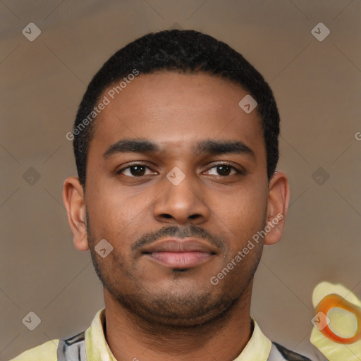 Neutral latino young-adult male with short  black hair and brown eyes