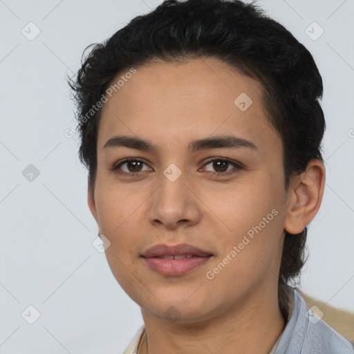 Joyful latino young-adult female with short  brown hair and brown eyes