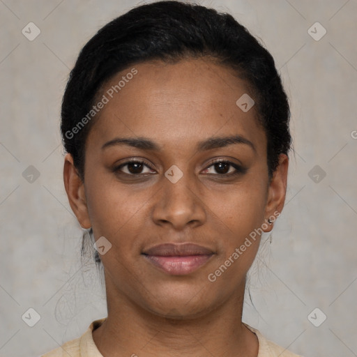 Joyful latino young-adult female with short  brown hair and brown eyes