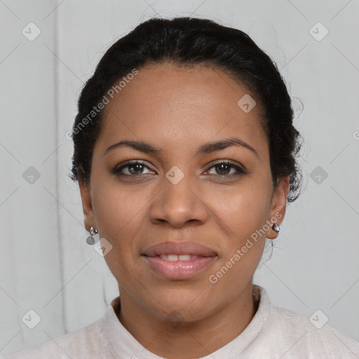 Joyful latino young-adult female with short  black hair and brown eyes