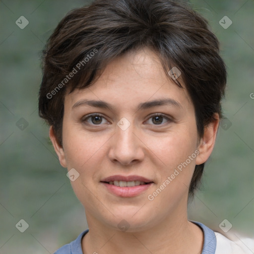 Joyful white young-adult female with short  brown hair and brown eyes